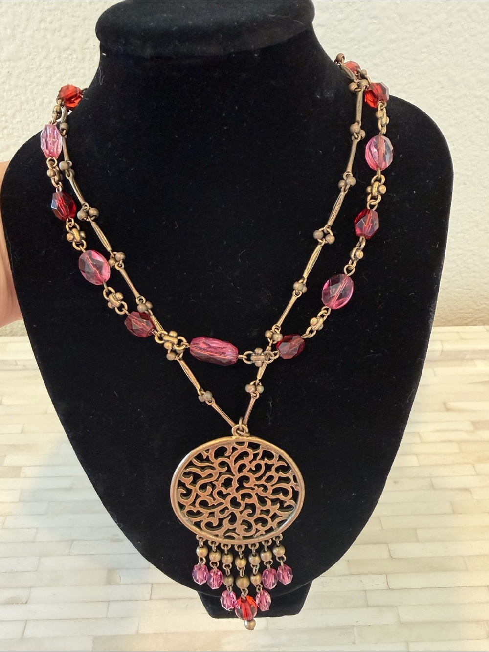 Lane Bryant Gold-Tone Filigree Pendant Necklace with Pink and Red Beads